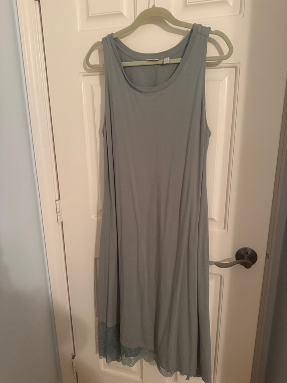 LOGO by Lori Goldstein Sleeveless Sage Green Swing Dress with asymmetrical lace